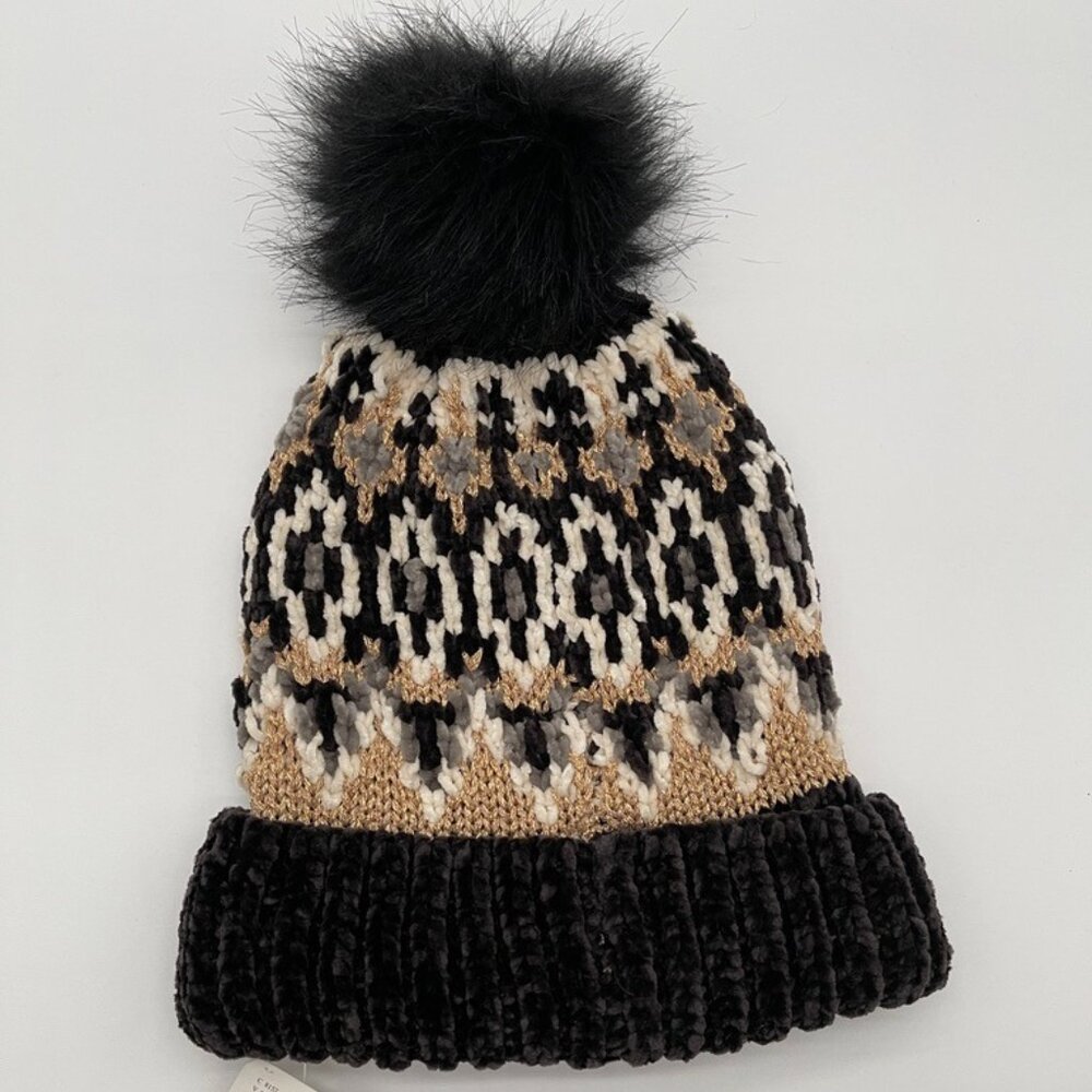 FREE PEOPLE Chalet Fairisle Pom Beanie Black Combo $48 Retail NWT